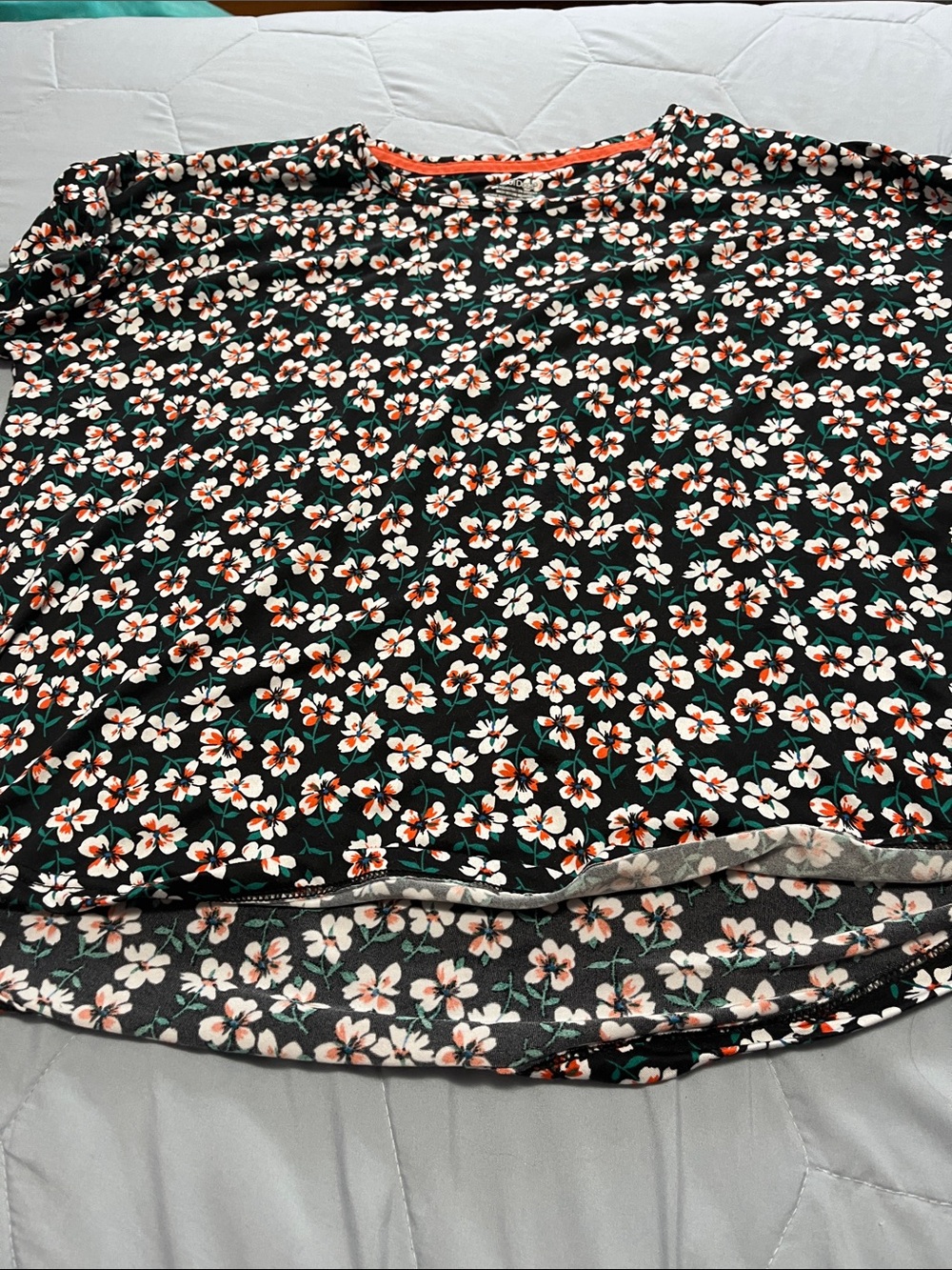 Floral Print Short Sleeve Top - Black with White & Coral Flowers